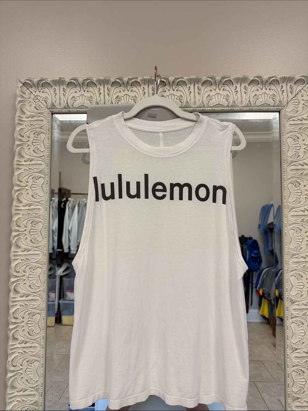lululemon white tank with black logo text